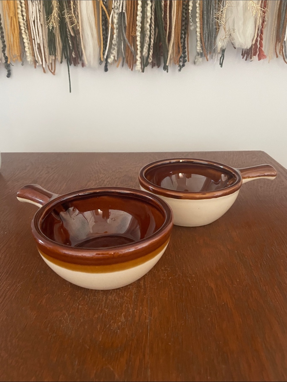 Set of 2 vintage Brown and Cream stoneware Soup Bowls